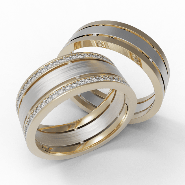 Обручальное кольцо Трио с дорожками из камней Белое с желтым