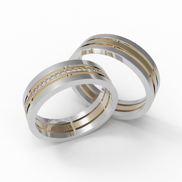 Обручальное кольцо узкое Трио с дорожкой Желтое с белым