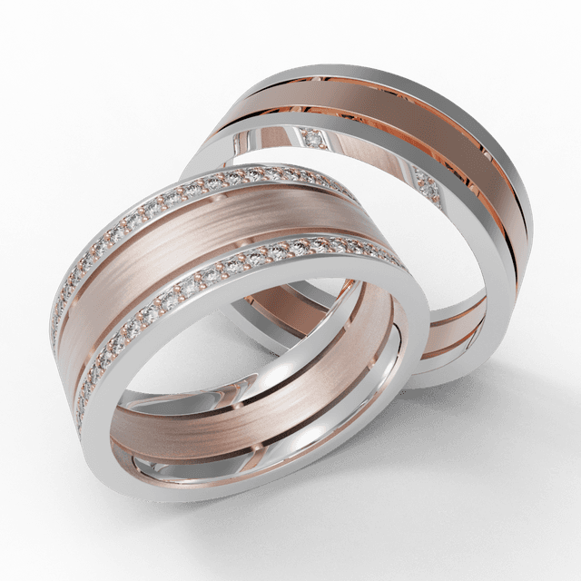 Обручальное кольцо Трио с дорожками из камней Красное с белым
