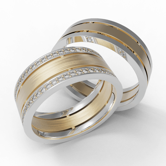 Обручальное кольцо Трио с дорожками из камней Желтое с белым